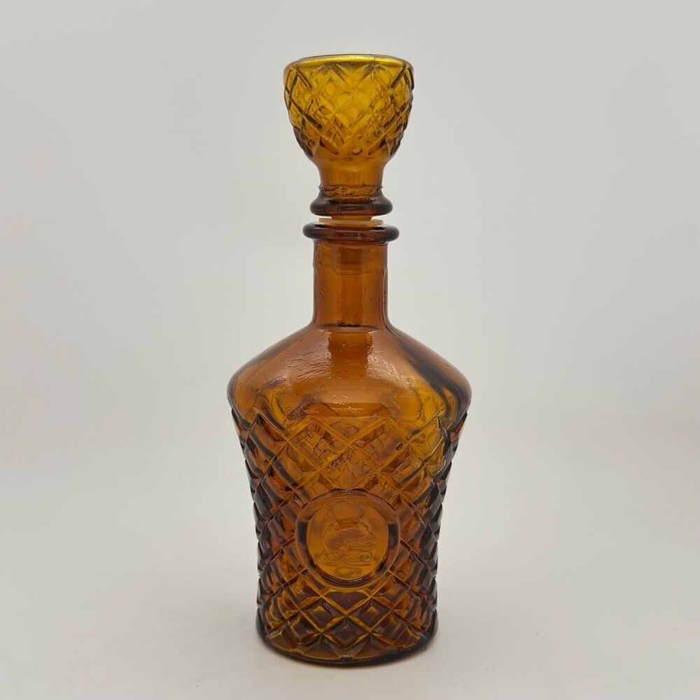 Vintage Mid-Century Amber Pressed Glass Decanter with Stopper – Made in Taiwan